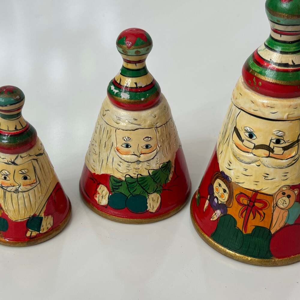 Set of 3 German Vintage Hand Carved Painted Wood Santa Christmas Bells